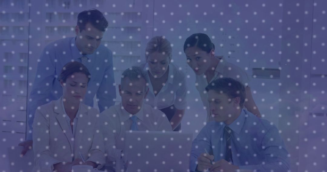 Multiracial Coworkers Collaborating with Laptop and Digital Overlay