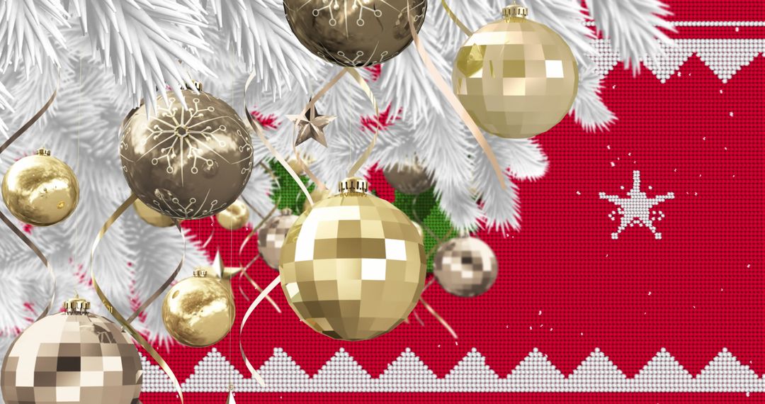 Luxurious Gold Baubles on White Fir Branch with Festive Red Background