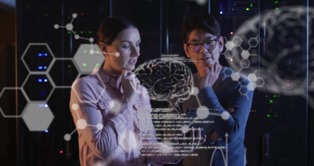 Diverse Team Collaborating with Digital Brain Interface in Server Room