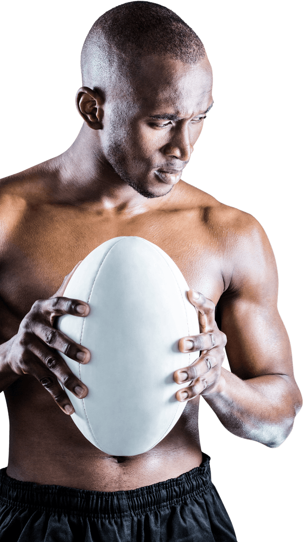 Transparent Focused Athlete Holding Rugby Ball with Concentration