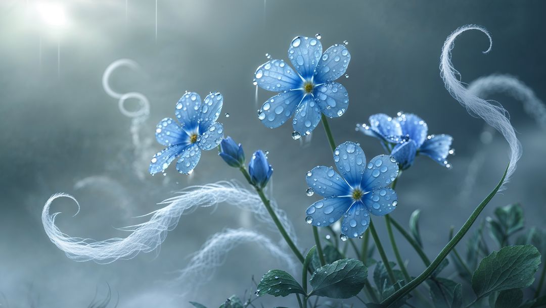 Magical blue forget me not flowers with dew drops and ethereal tendrils