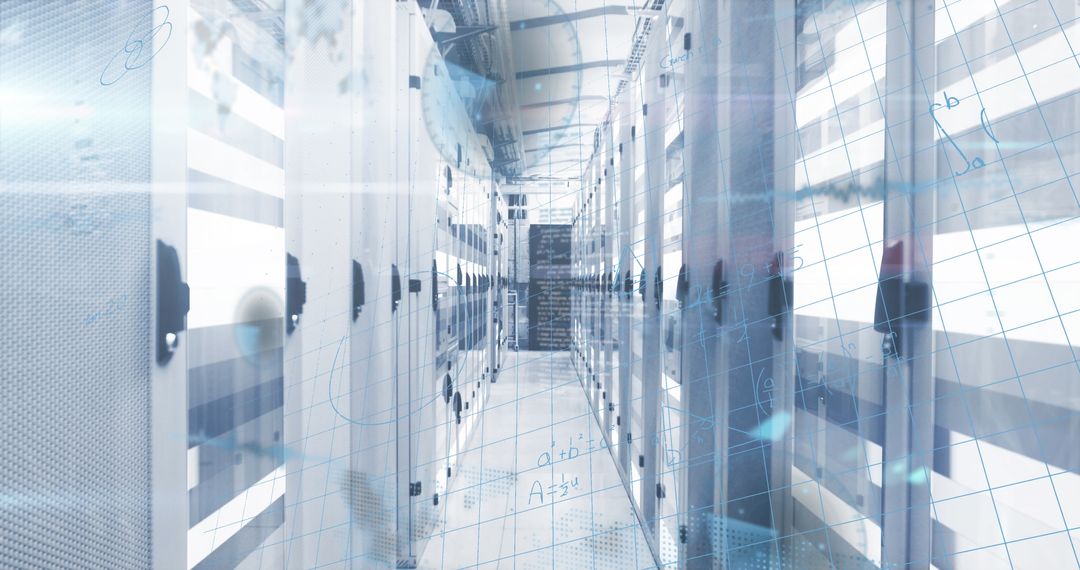 Futuristic Data Center with Digital Overlay Graphics