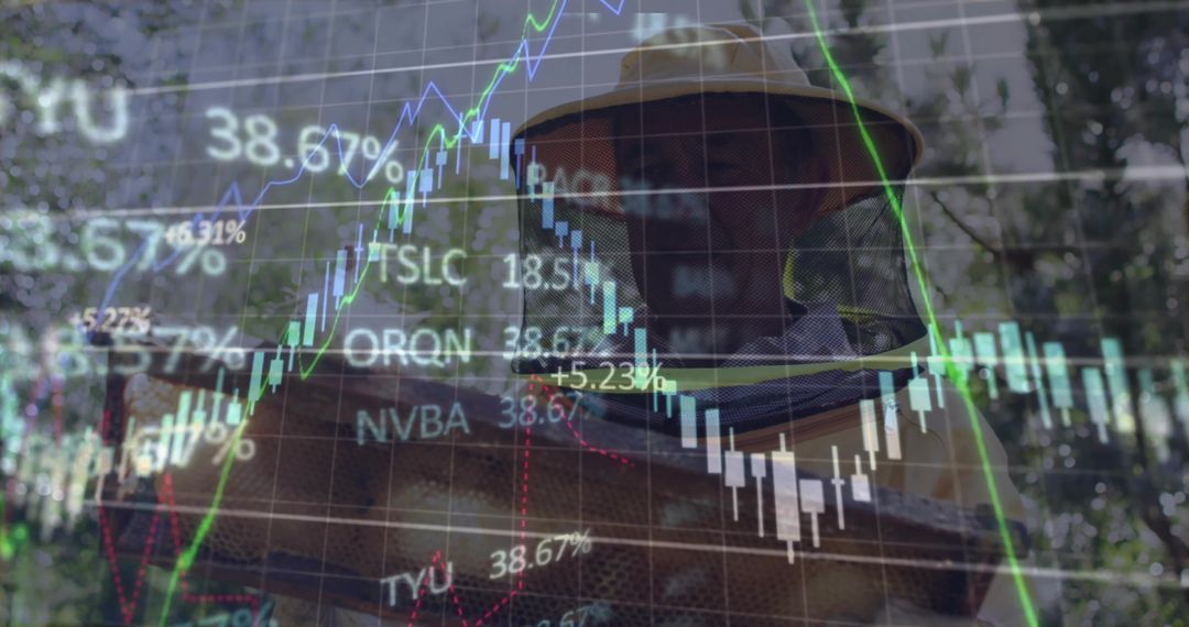 Beekeeper Analyzing Market Trends with Apiary Overlay