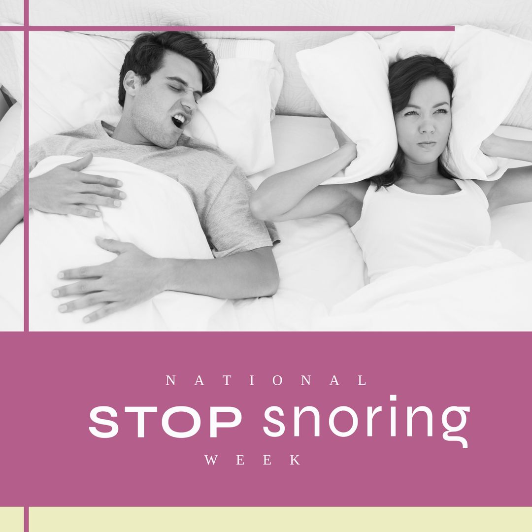 Woman with Pillows Blocking Ears While Man Snores in Bed