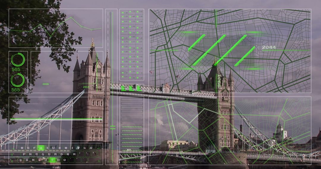 Futuristic Interface Over London Bridge with Data and Map Visualization
