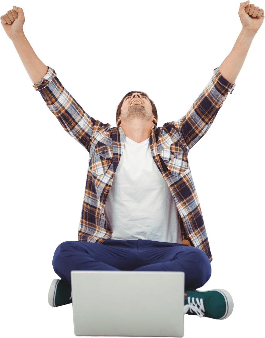 Hipster Celebrating While Sitting Cross-Legged with Laptop Transparent