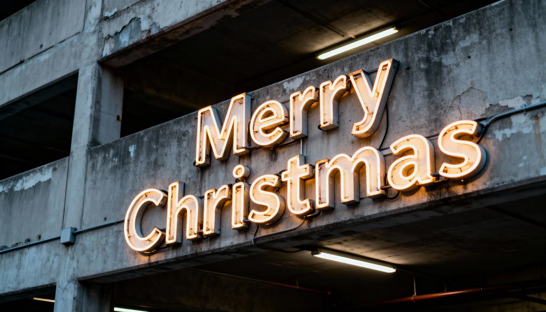 Glowing Merry Christmas Neon Sign Illuminating Weathered Concrete Parking Garage at Dusk