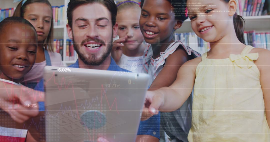 Teacher and Diverse Children Interacting with Tablet and Digital Interface