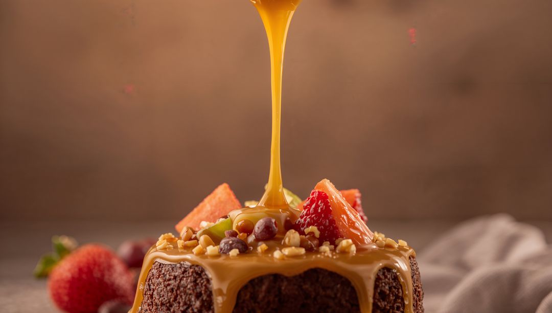 Caramel Drizzling Over Chocolate Bundt Cake Topping Fresh Strawberries and Chopped Nuts