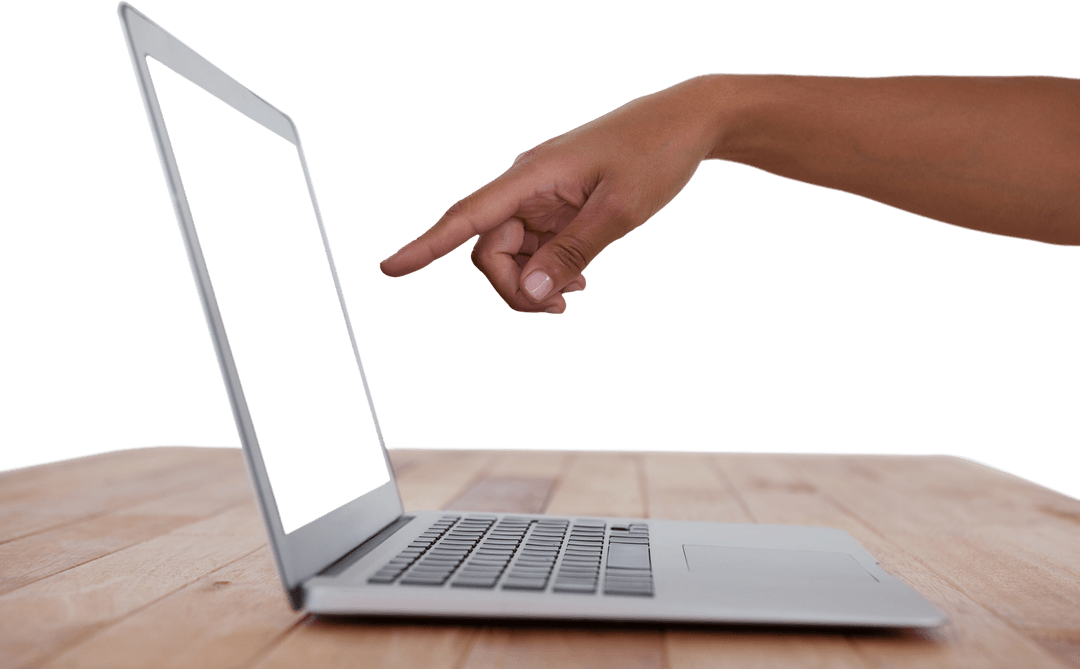 Person Pointing at Laptop Screen on Wooden Table Transparent Background