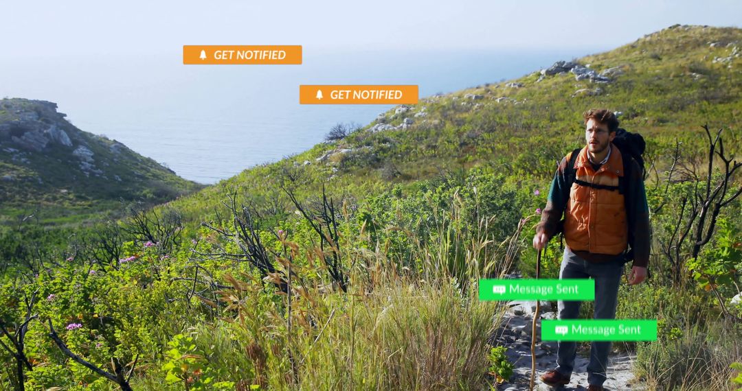 Man Hiking on Coastal Trail with Modern Notifications Overlaid