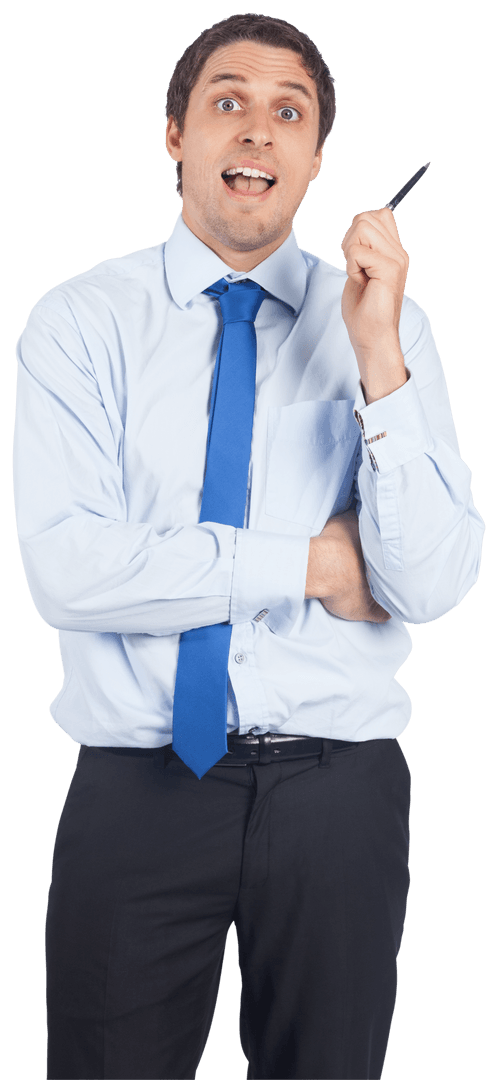 Caucasian Businessman Holding Pen on Transparent Background Emotion Concept