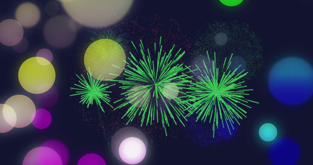 Vivid Green Fireworks Bursting in Dynamic Night Sky