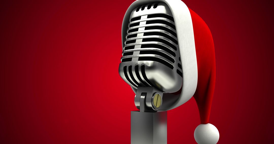 Retro Microphone with Santa Hat on Red Festive Background