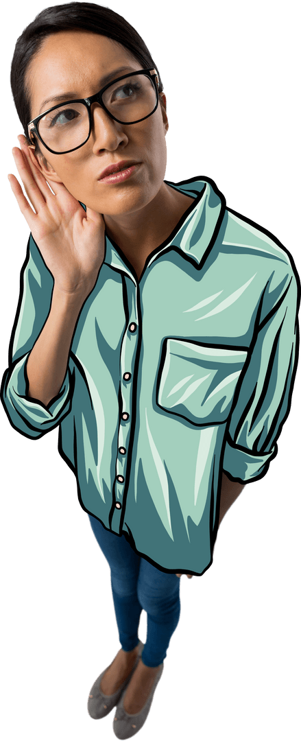 Focused Asian Woman Listening With Hand Over Ear on Transparent Background