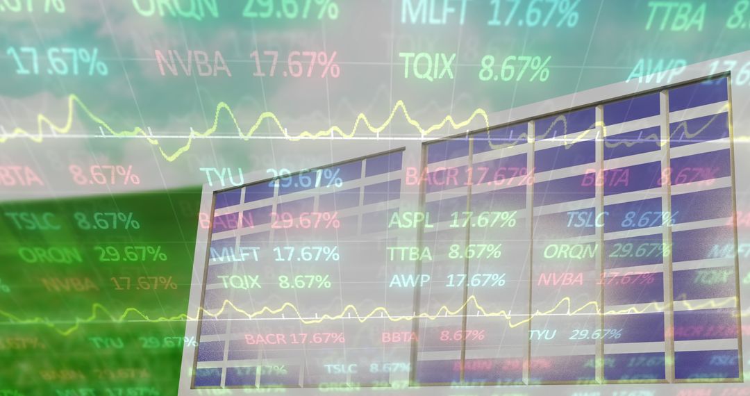 Abstract financial data overlaying solar panel indicates growth