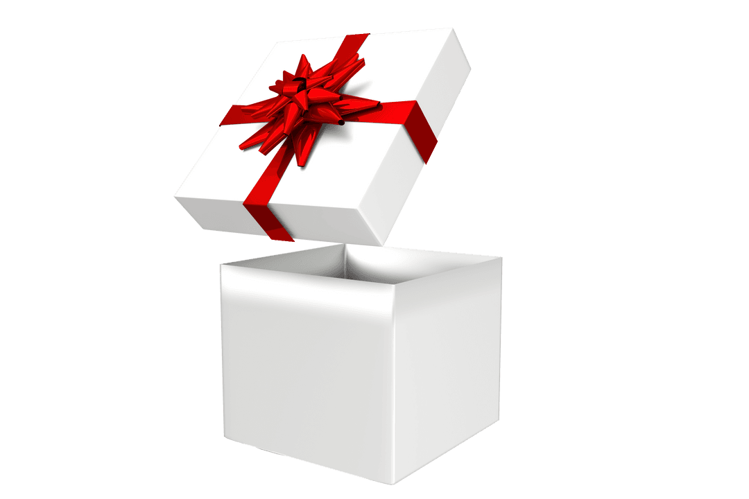Open Transparent Gift Box with Red Ribbon and Bow in Mid-Air