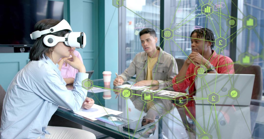 Woman Testing VR Headset During Team Brainstorming With Augmented Financial Data Overlay
