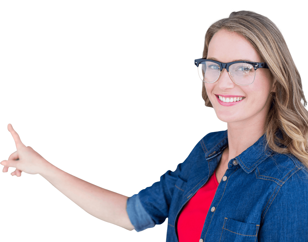 Confident Smiling Woman with Glasses Pointing on Transparent Background