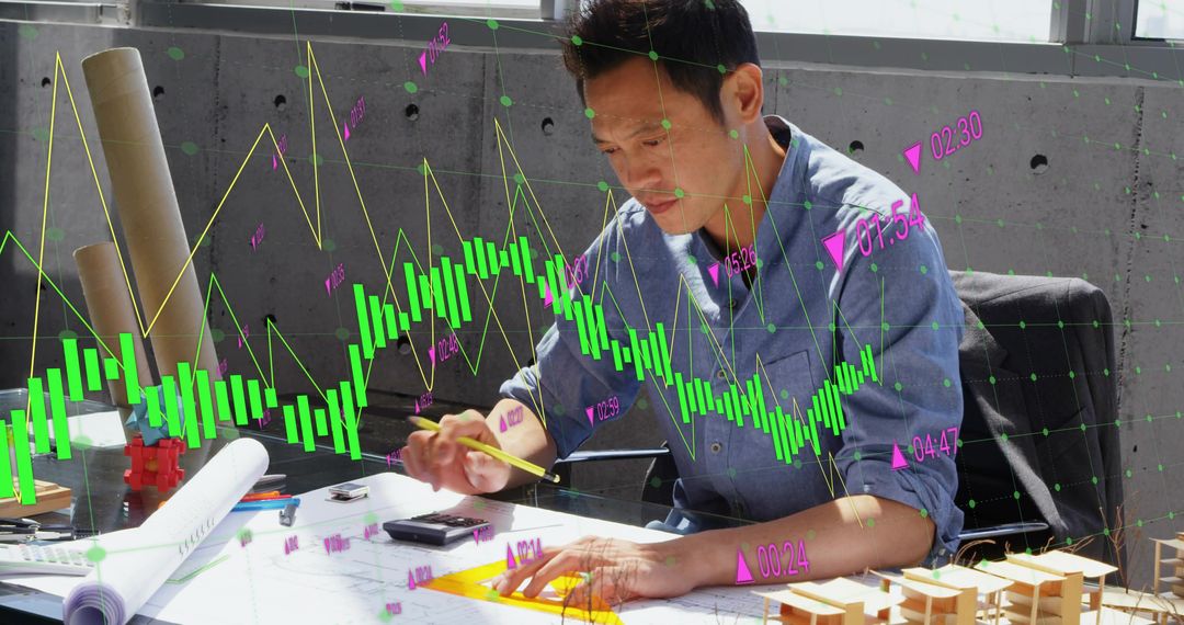 Architect Exploring Market Trends with Candlestick Chart Overlays