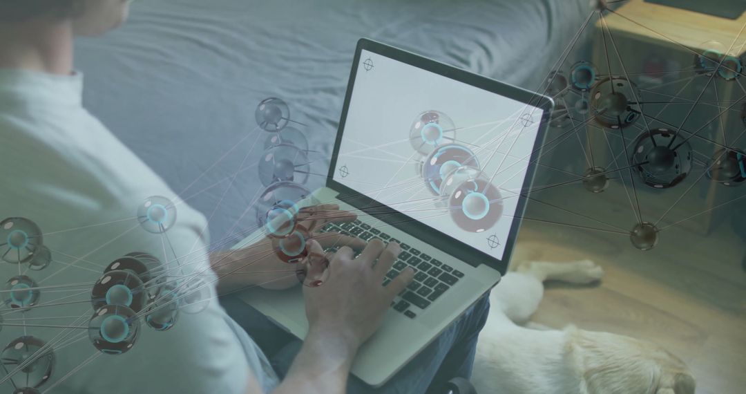 Man Working on Laptop in Cozy Bedroom with Virtual Network Overlay