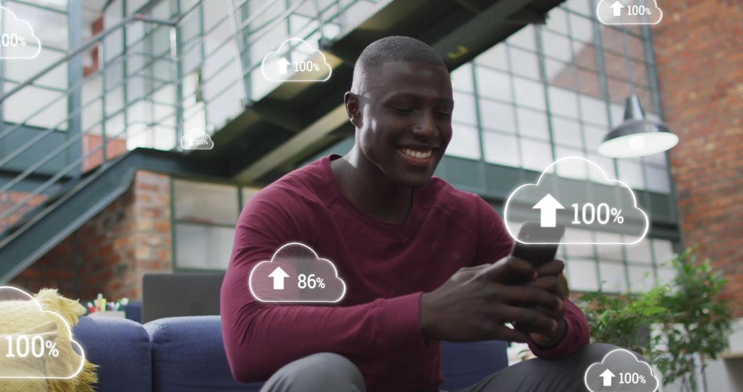 Smiling Man Syncing Smartphone Data with Cloud Network