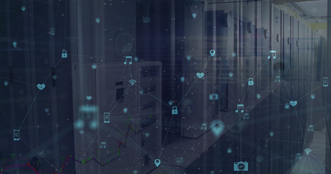 Network Connections with Digital Icons Over Server Room