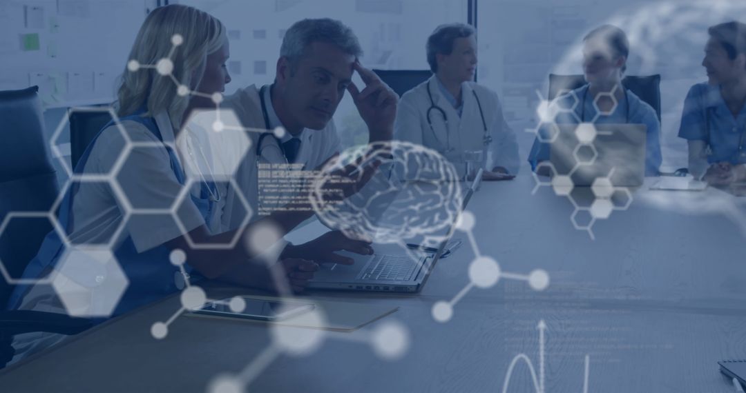 Medical Team Discussing Digital Data in Futuristic Meeting