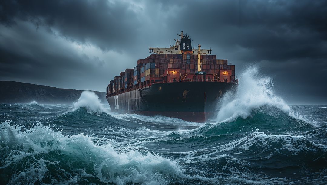 Container Ship Plowing Through Stormy Ocean at Dusk with Glowing Deck Lights