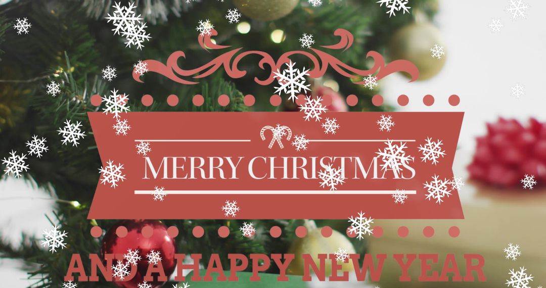 Festive Christmas Greeting with Snowflakes and Decorated Tree