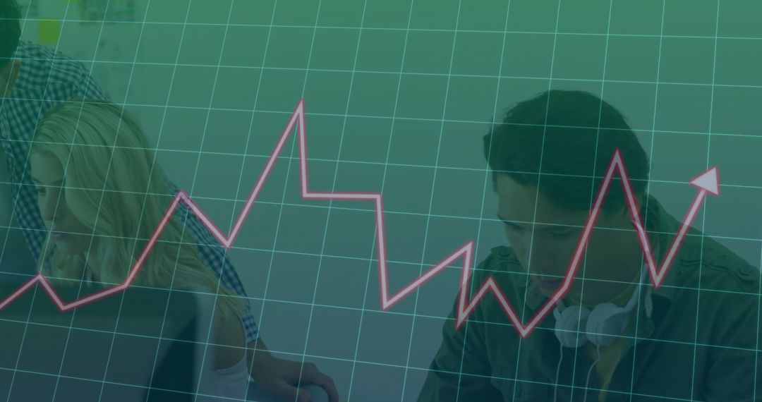 Dynamic Business Team Analyzing Data with Trend Graph Overlay
