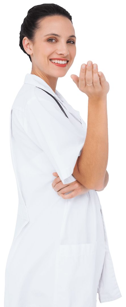 Smiling Female Doctor Gesturing on Transparent Background