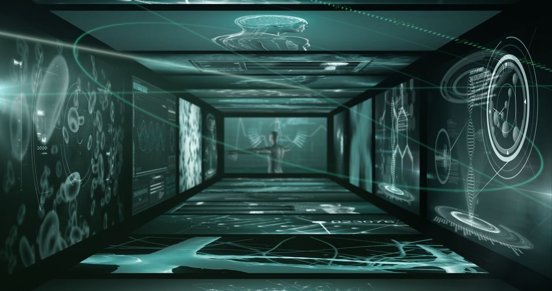 Futuristic Corridor with Digital Holographic Data and Glowing Silhouette