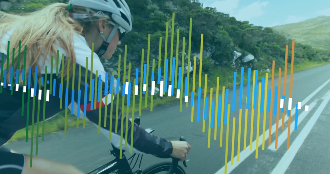 Cyclist Navigating Hills with Overlayed Equalizer Insights