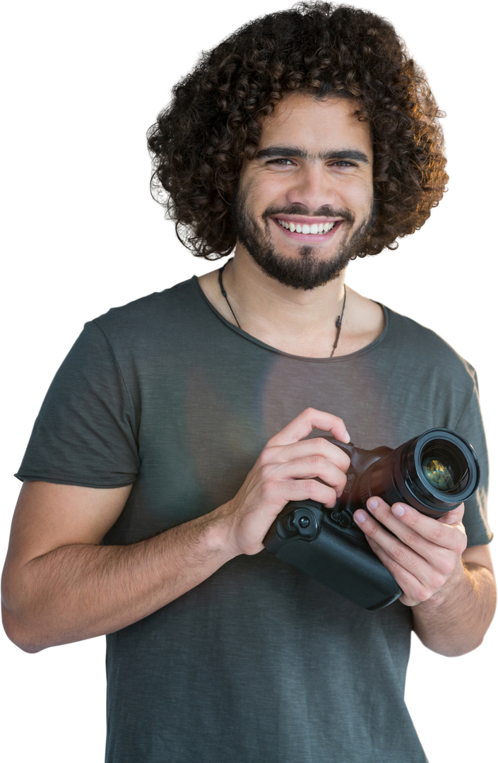 Portrait of Smiling Male Photographer Holding Tiny, Transparent Background - Download Free Stock Images Pikwizard.com