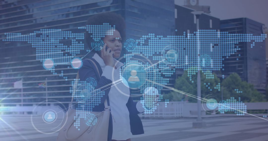 African American Woman Using Smartphone with Global Network Overlay