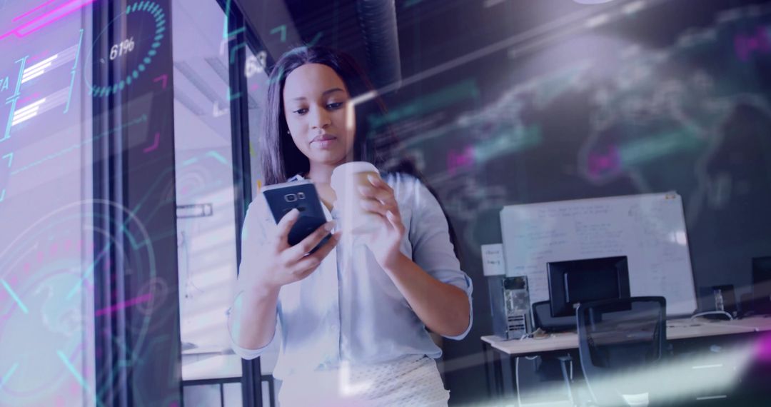 Businesswoman Navigating Technology in Modern Office Space