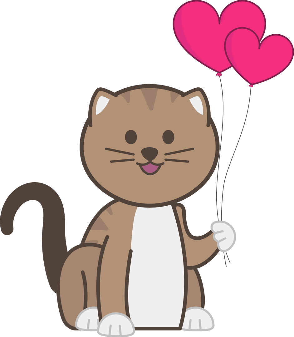 Whimsical Cat with Heart Balloons on Transparent Background