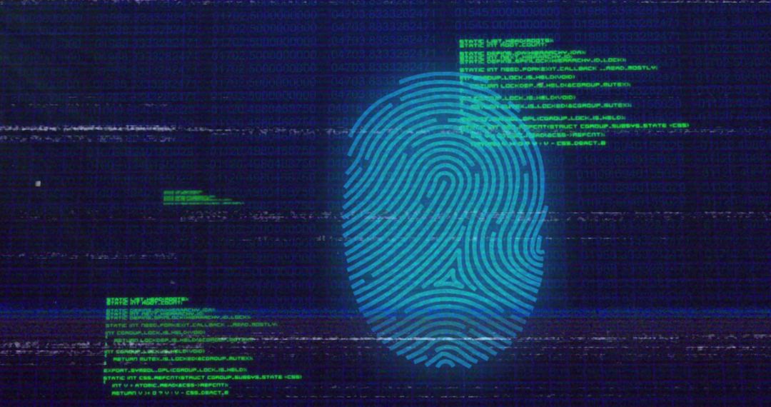 Futuristic Fingerprint with Code Overlay Evoking Cybersecurity Theme