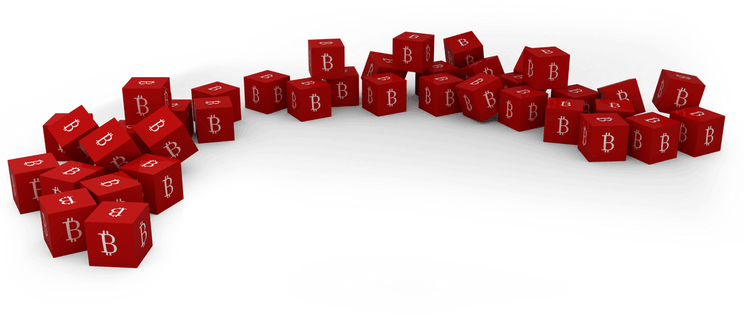 Scattered Red Cubes with Bitcoin Symbols Transparent Background