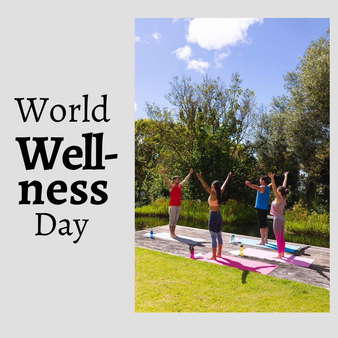 Practicing Yoga in Park Celebrating World Wellness Day