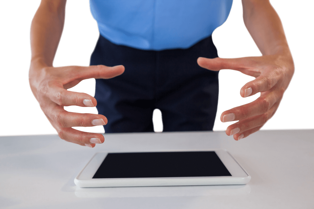 Businesswoman Gesturing Over Transparent Tablet in Office