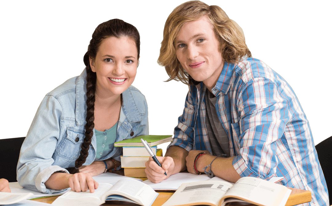 Transparent Smiling College Students Studying Together