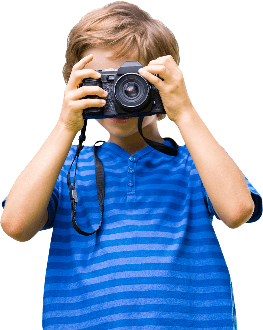 Young Boy Holding Camera on Transparent Background Capturing Moments