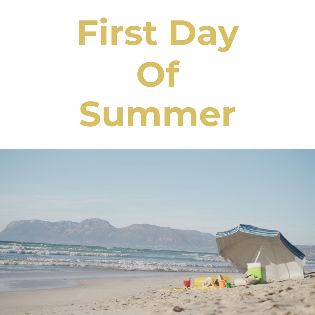 Sunny Beach Day with Parasol and Toys on Sandy Shore