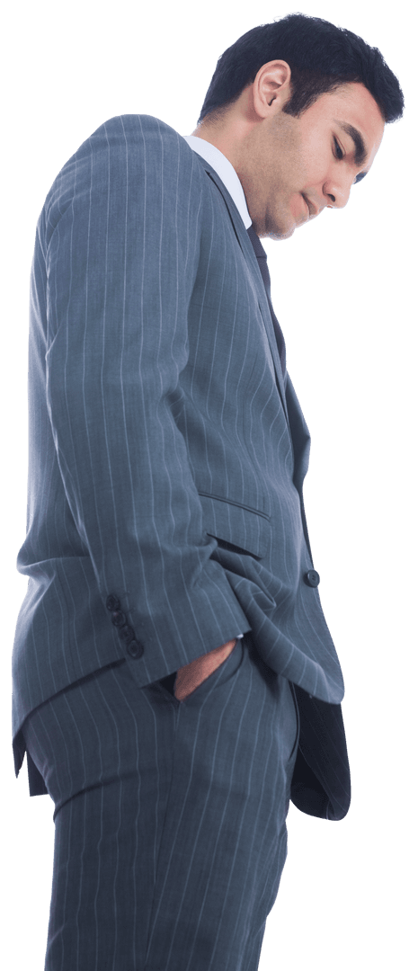 Biracial Businessman Looking Down in Pinstripe Suit Transparent Background