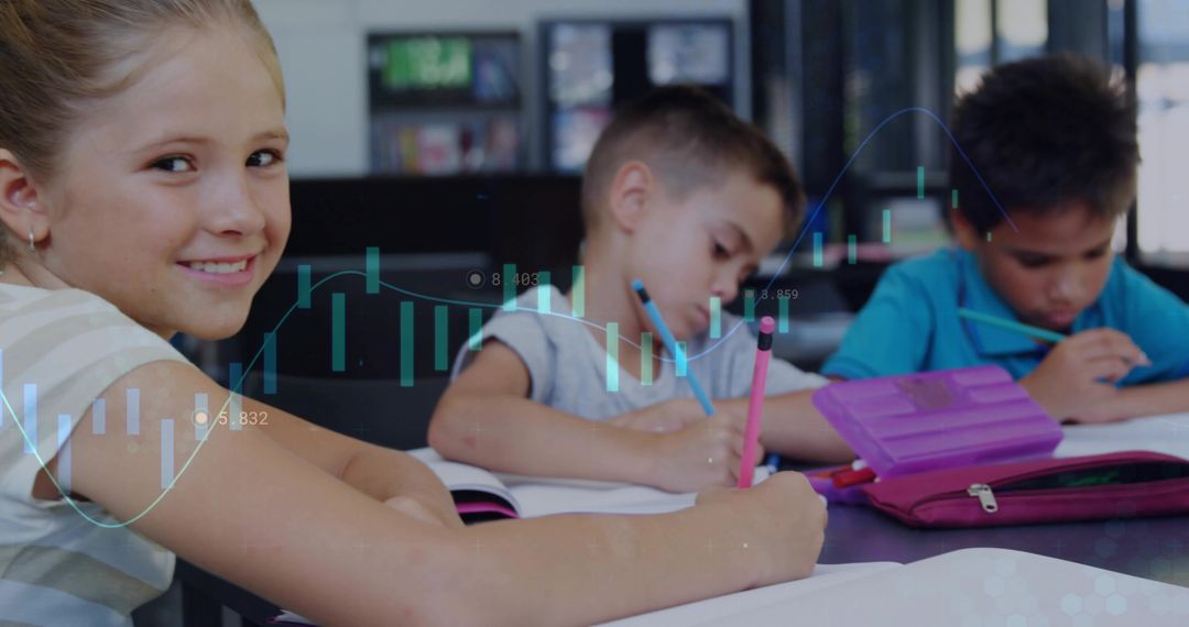 Smiling girl writing in classroom with classmates and digital learning chart overlay