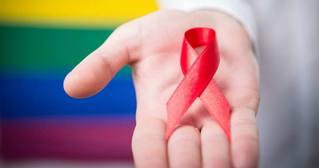 Red Awareness Ribbon in Hand with LGBT Rainbow Background