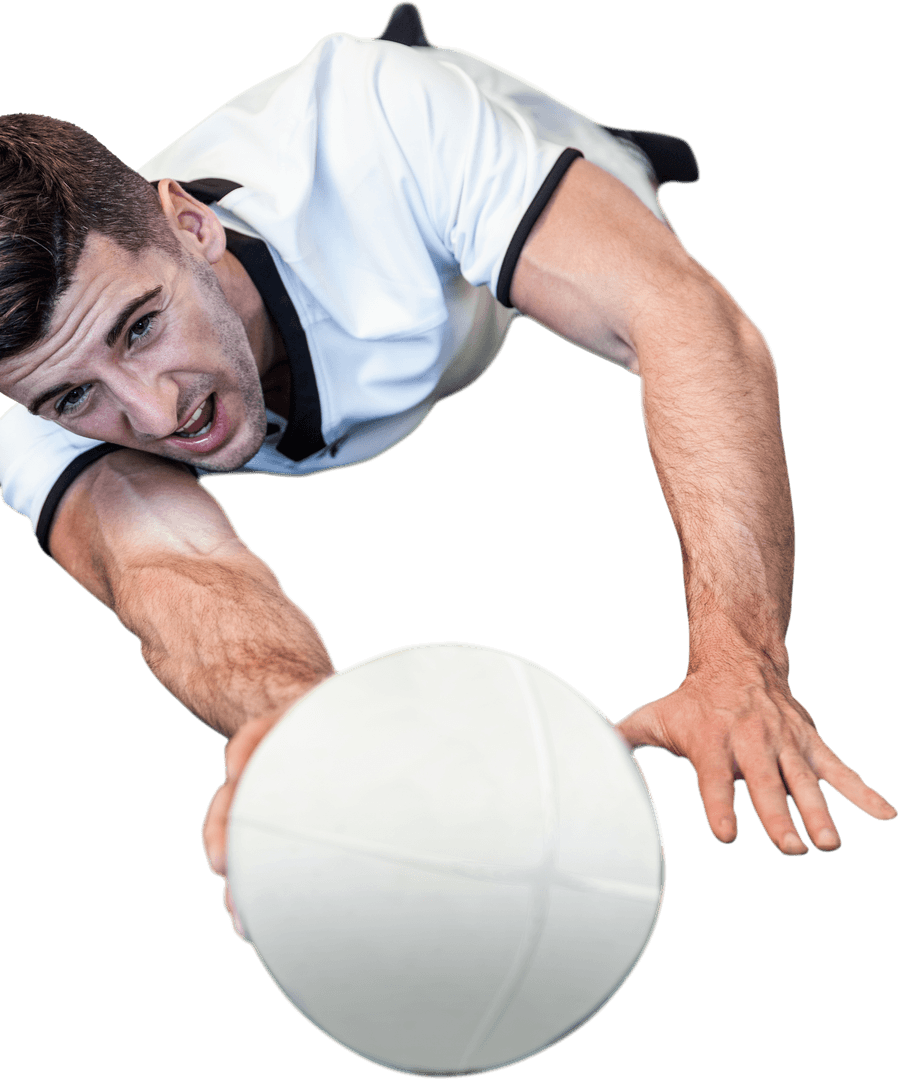 Rugby Player in Motion Holding Ball on Transparent Background