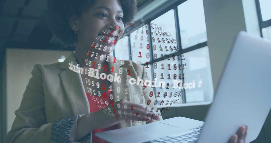 Businesswoman Interacting with Blockchain Hologram in Office